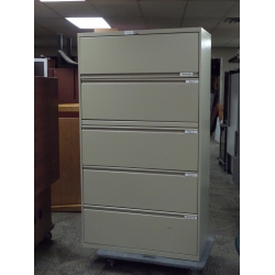 Tan 5 Drawer Lateral File Cabinet, Flip Front Top, Locking